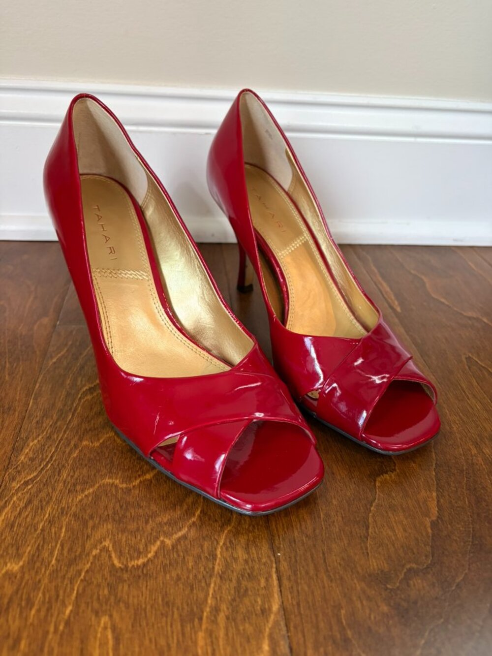 Tahari red patent leather peep-toe heels